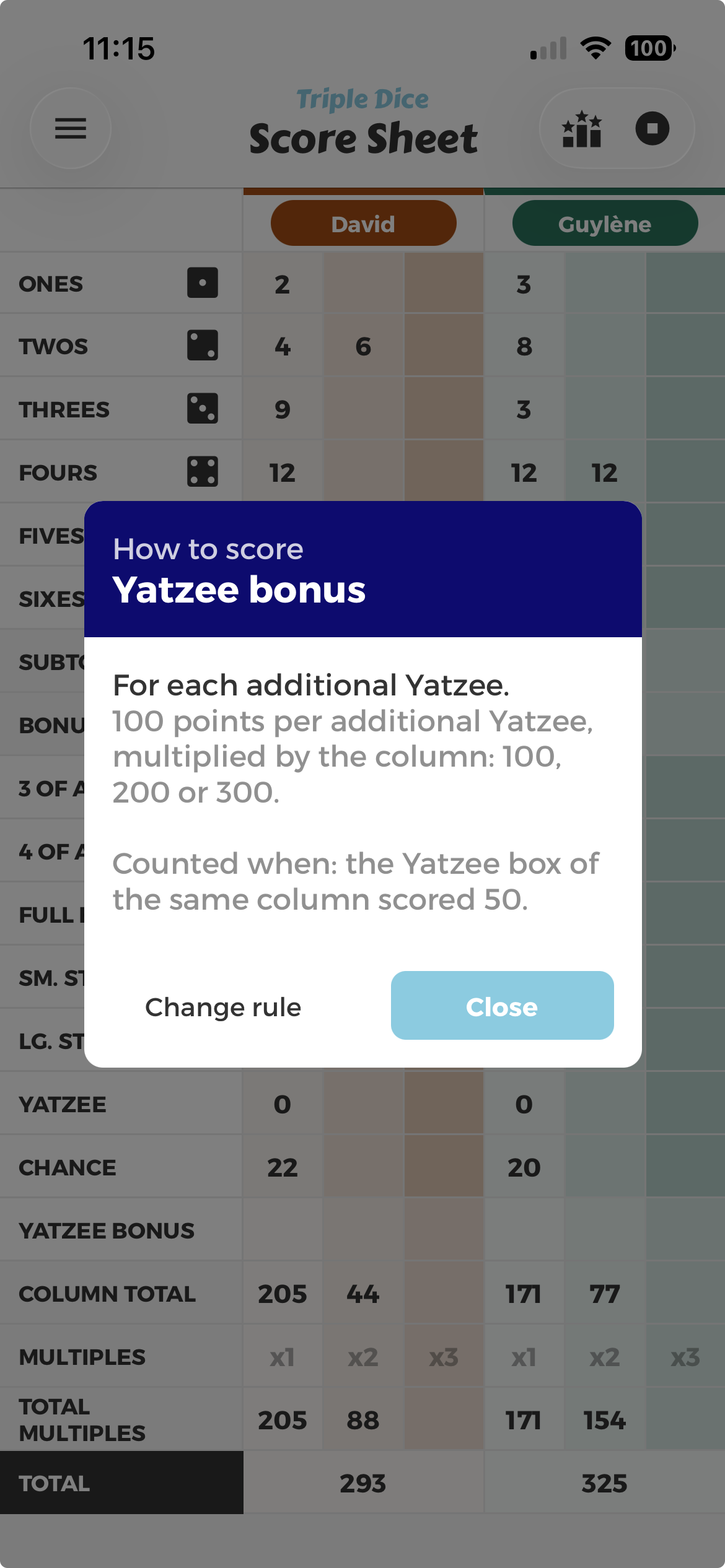 Help window for the Yatzee bonus, showing the condition and a button to the setting