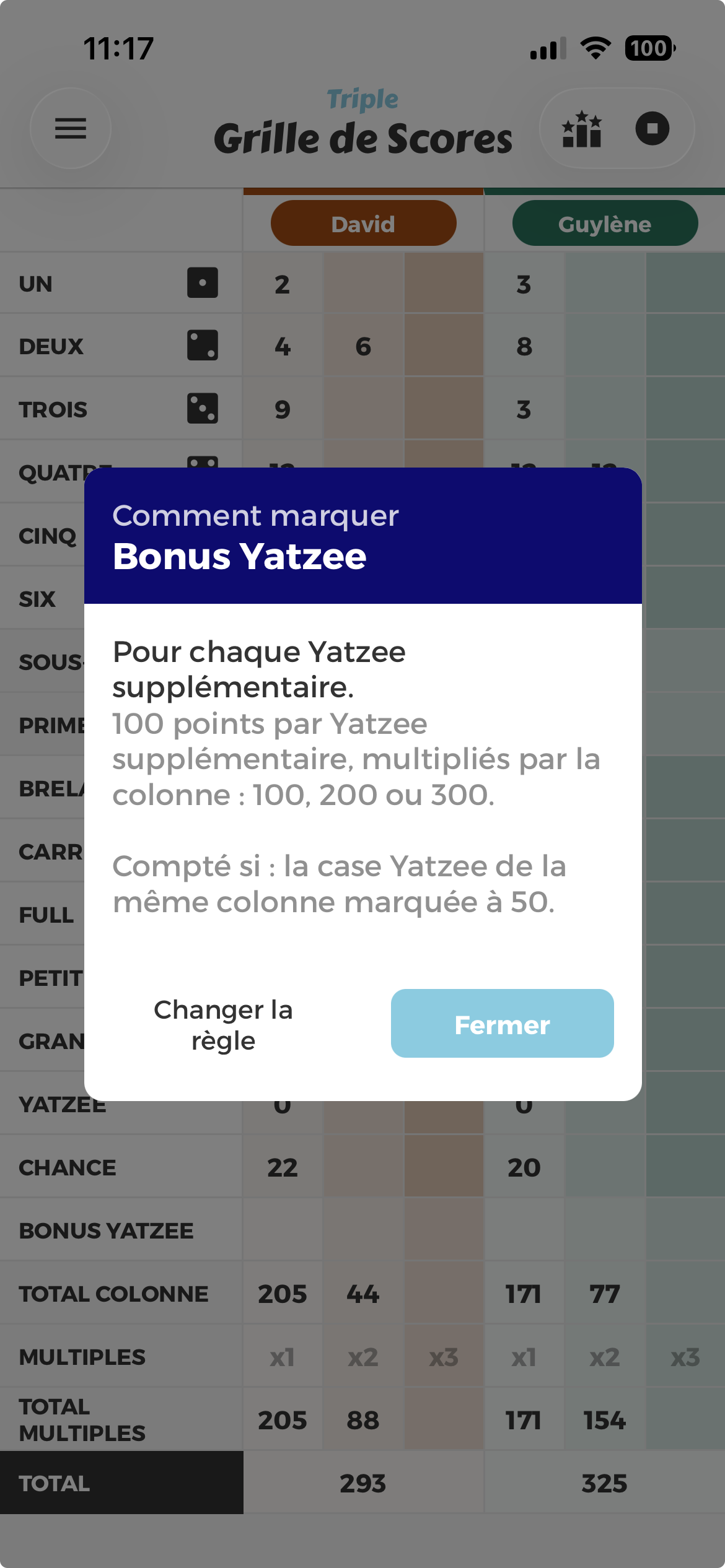 Fenêtre d’aide du bonus Yatzee, avec sa condition et le bouton vers le réglage